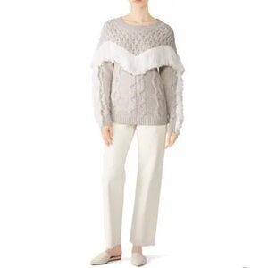 Amur Ulla Fringe Cable Merino Wool Round Neck Sweater Small Cream Pink Winter